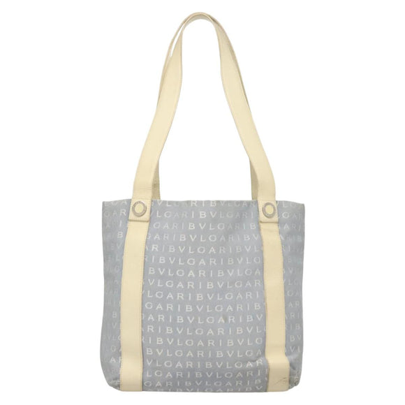 BVLGARI Logogram Tote Bag Canvas Light Blue Silver Auth 125302