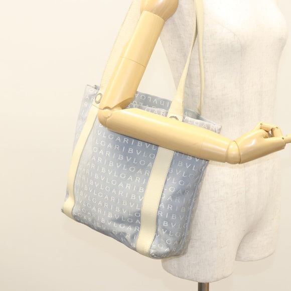 BVLGARI Logogram Tote Bag Canvas Light Blue Silver Auth 125302