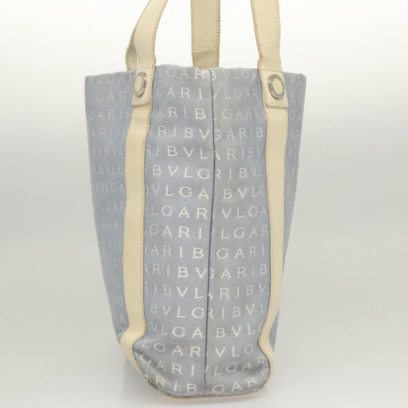 BVLGARI Logogram Tote Bag Canvas Light Blue Silver Auth 125302