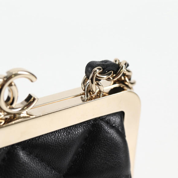 CHANEL Matelasse Chain Pouch Shoulder Bag Lamb Skin Black Gold CC Auth 125435AM