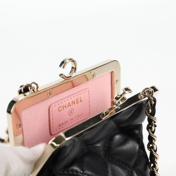 CHANEL Matelasse Chain Pouch Shoulder Bag Lamb Skin Black Gold CC Auth 125435SAM