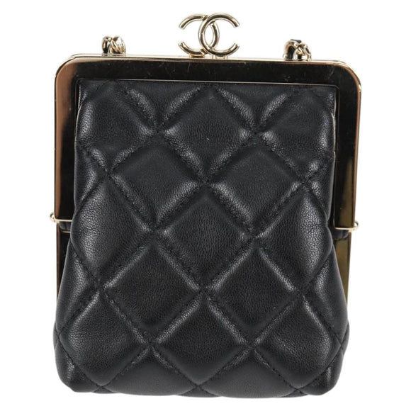 CHANEL Matelasse Chain Pouch Shoulder Bag Lamb Skin Black Gold CC Auth 125435AM