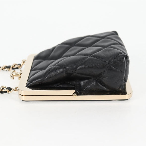 CHANEL Matelasse Chain Pouch Shoulder Bag Lamb Skin Black Gold CC Auth 125435SAM