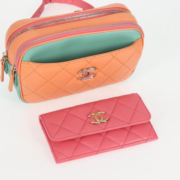 CHANEL Matelasse Chain Waist bag Leather Pink Gold CC Auth 125467SAM