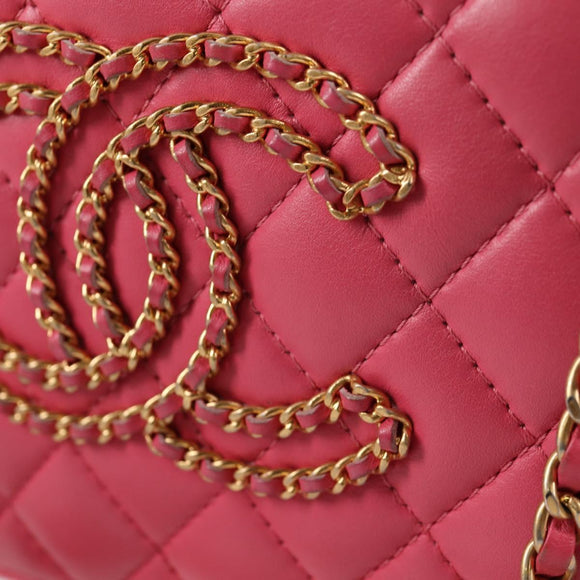 CHANEL Matelasse Chain Shoulder Bag Lamb Skin Pink Gold CC Auth 125468AM