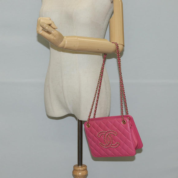 CHANEL Matelasse Chain Shoulder Bag Lamb Skin Pink Gold CC Auth 125468AM