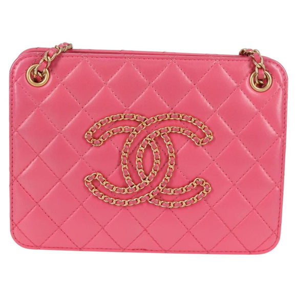 CHANEL Matelasse Chain Shoulder Bag Lamb Skin Pink Gold CC Auth 125468SAM