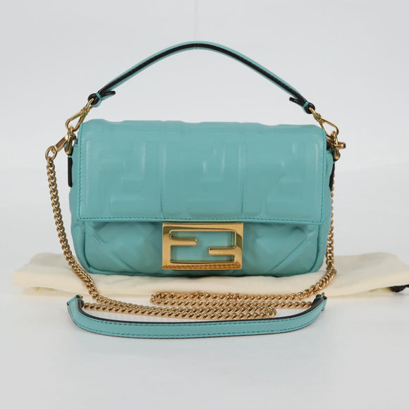 FENDI Zucca Canvas Chain Shoulder Bag Leather 2way Gold Green Auth 125471M