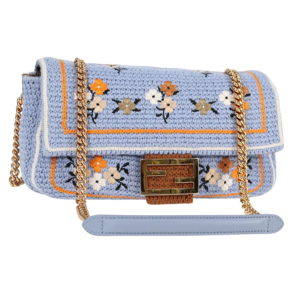 FENDI Chain Mamma Baguette Shoulder Bag Cotton 2way Purple Gold Auth 125472SM