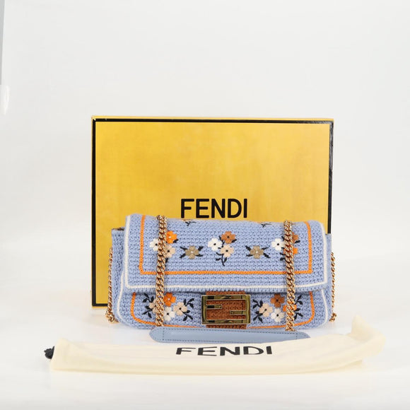 FENDI Chain Mamma Baguette Shoulder Bag Cotton 2way Purple Gold Auth 125472SM