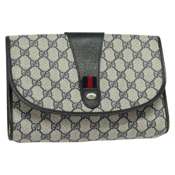 GUCCI GG Supreme Sherry Line Clutch Bag PVC Navy Gold 89 01 030 Auth 125515