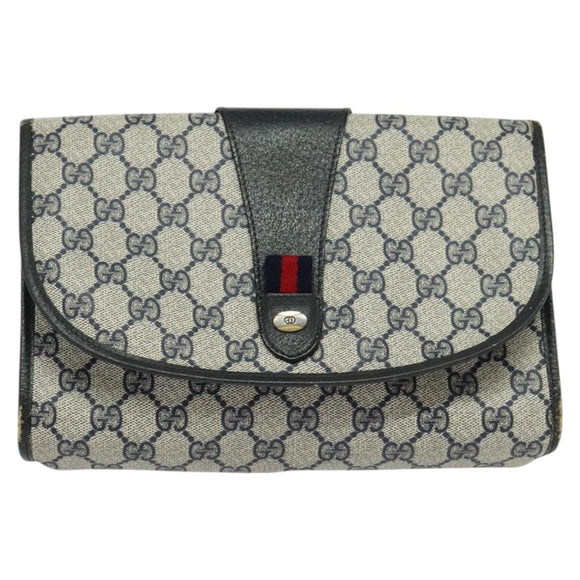 GUCCI GG Supreme Sherry Line Clutch Bag PVC Navy Gold 89 01 030 Auth 125515