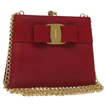 Salvatore Ferragamo Chain Shoulder Bag Snakeskin Embossed Red Gold Auth 125568