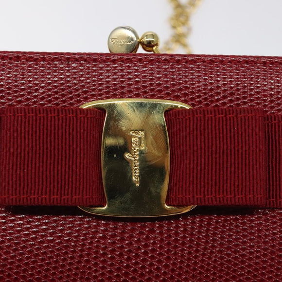 Salvatore Ferragamo Chain Shoulder Bag Snakeskin Embossed Red Gold Auth 125568
