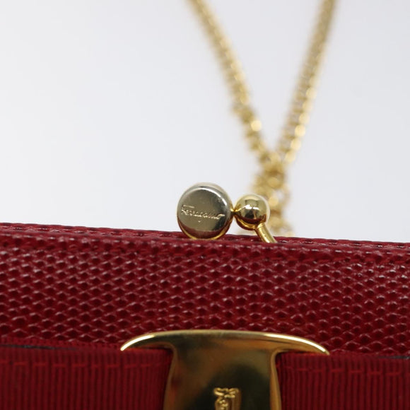 Salvatore Ferragamo Chain Shoulder Bag Snakeskin Embossed Red Gold Auth 125568