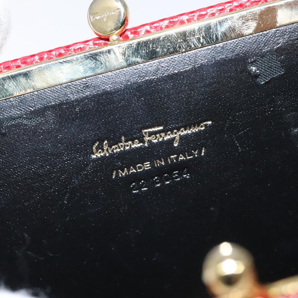 Salvatore Ferragamo Chain Shoulder Bag Snakeskin Embossed Red Gold Auth 125568