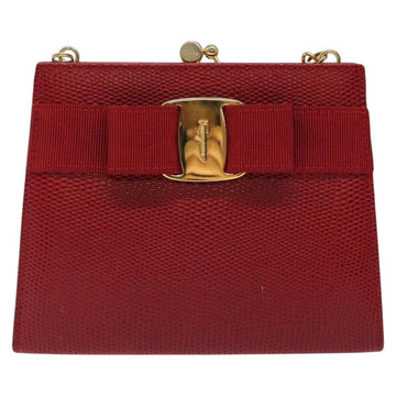 Salvatore Ferragamo Chain Shoulder Bag Snakeskin Embossed Red Gold Auth 125568 - 0