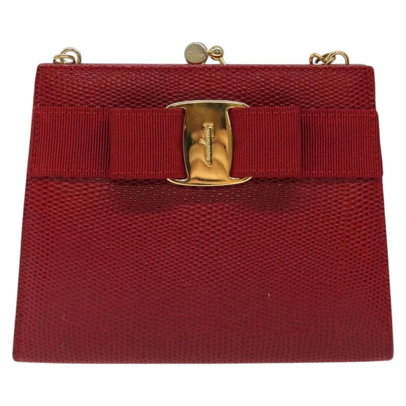 Salvatore Ferragamo Chain Shoulder Bag Snakeskin Embossed Red Gold Auth 125568