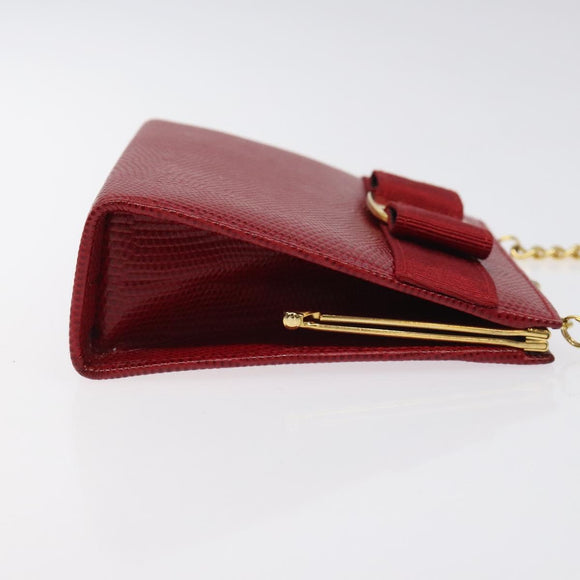 Salvatore Ferragamo Chain Shoulder Bag Snakeskin Embossed Red Gold Auth 125568