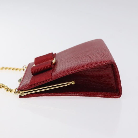 Salvatore Ferragamo Chain Shoulder Bag Snakeskin Embossed Red Gold Auth 125568