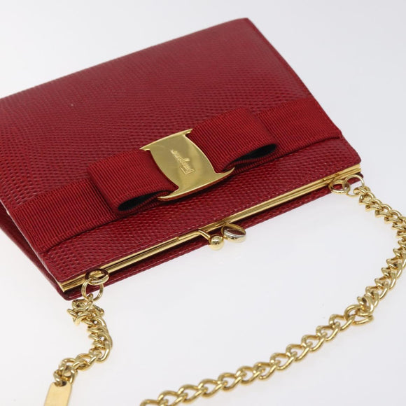 Salvatore Ferragamo Chain Shoulder Bag Snakeskin Embossed Red Gold Auth 125568
