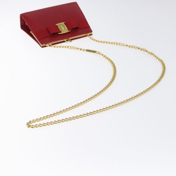 Salvatore Ferragamo Chain Shoulder Bag Snakeskin Embossed Red Gold Auth 125568