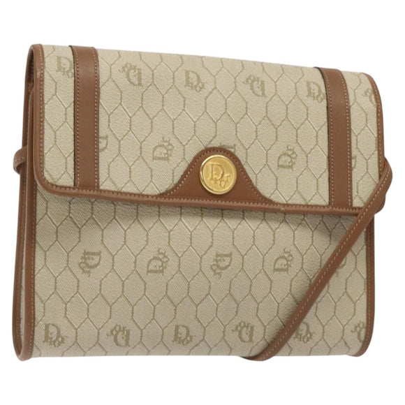 Christian Dior Honeycomb Canvas Shoulder Bag PVC Beige Gold Auth 125574