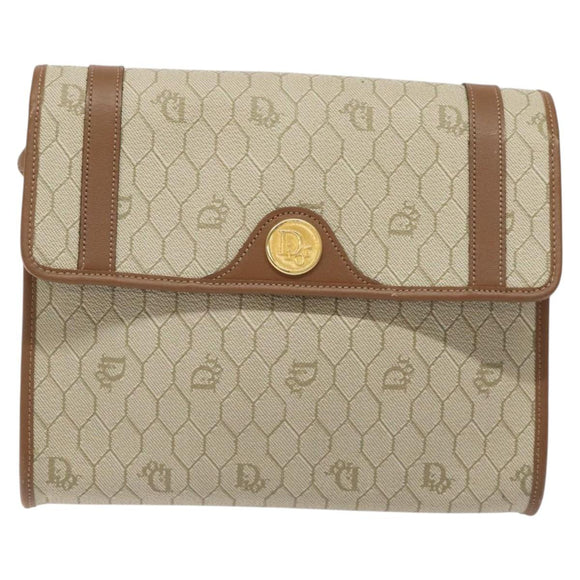 Christian Dior Honeycomb Canvas Shoulder Bag PVC Beige Gold Auth 125574