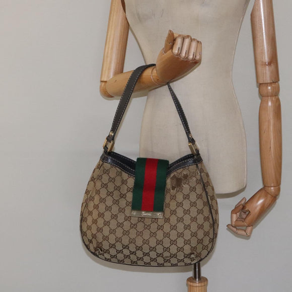GUCCI GG Canvas Web Sherry Line Shoulder Bag Beige Gold 233608 Auth 125609
