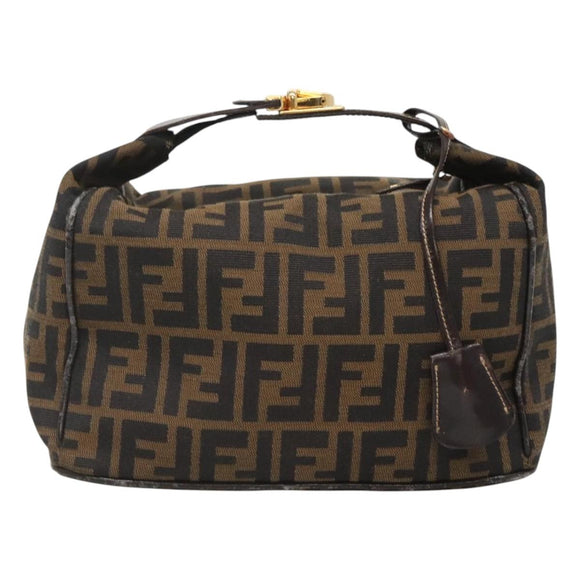 FENDI Zucca Canvas Vanity Pouch Black Brown Gold Auth 125642