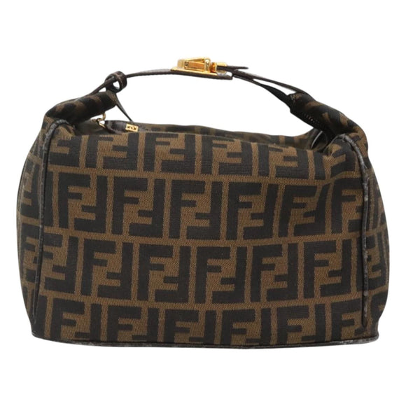 FENDI Zucca Canvas Vanity Pouch Black Brown Gold Auth 125642