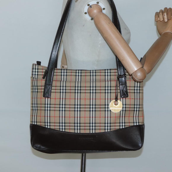 BURBERRY Nova Check Tote Bag Canvas Beige Gold Auth 125661