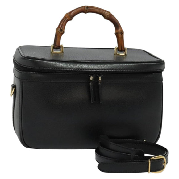GUCCI Bamboo Hand Bag Leather 2way Black Gold 013 2122 2491 Auth 125704