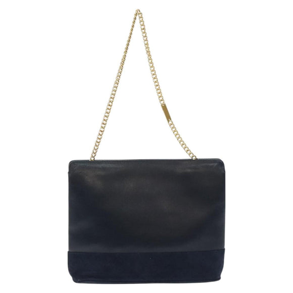 Salvatore Ferragamo Chain Shoulder Bag Leather Navy Gold Auth 125711