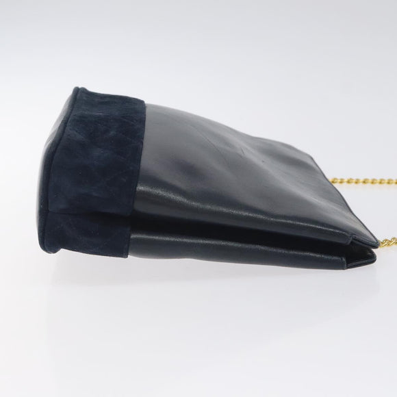 Salvatore Ferragamo Chain Shoulder Bag Leather Navy Gold Auth 125711