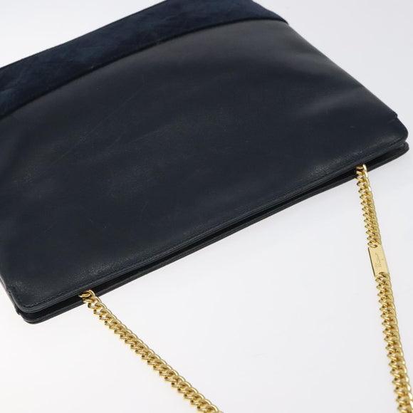 Salvatore Ferragamo Chain Shoulder Bag Leather Navy Gold Auth 125711