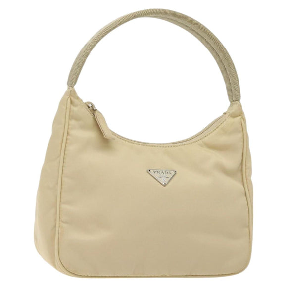 PRADA Hand Bag Nylon Beige Silver Auth 125727