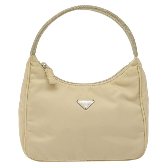 PRADA Hand Bag Nylon Beige Silver Auth 125727