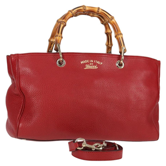 GUCCI Bamboo Hand Bag Leather 2way Red Gold 323660 Auth 125733