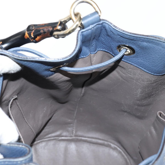 GUCCI Bamboo Hand Bag Leather 2way Blue Gold 387613 Auth 125734