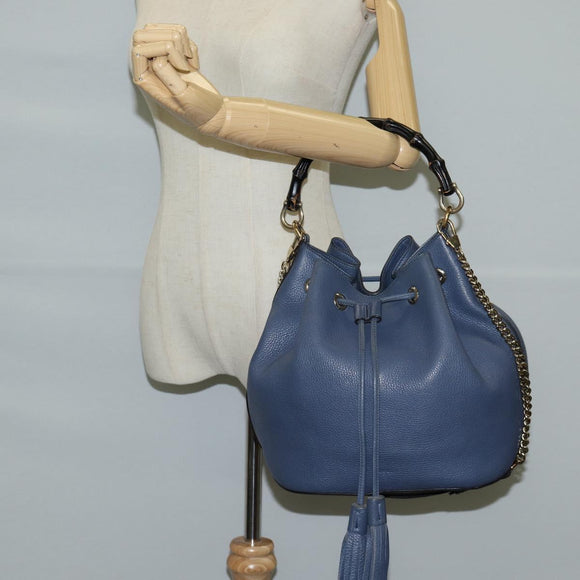 GUCCI Bamboo Hand Bag Leather 2way Blue Gold 387613 Auth 125734