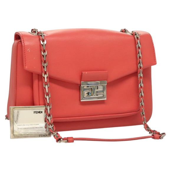 FENDI Chain Shoulder Bag Leather Pink Silver Auth 125738