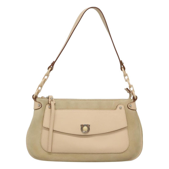 Salvatore Ferragamo Gancini Shoulder Bag Suede Beige Silver Auth 125811