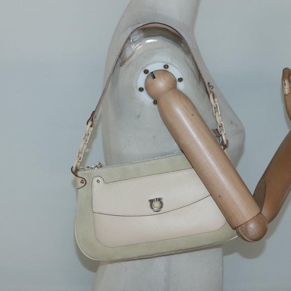 Salvatore Ferragamo Gancini Shoulder Bag Suede Beige Silver Auth 125811