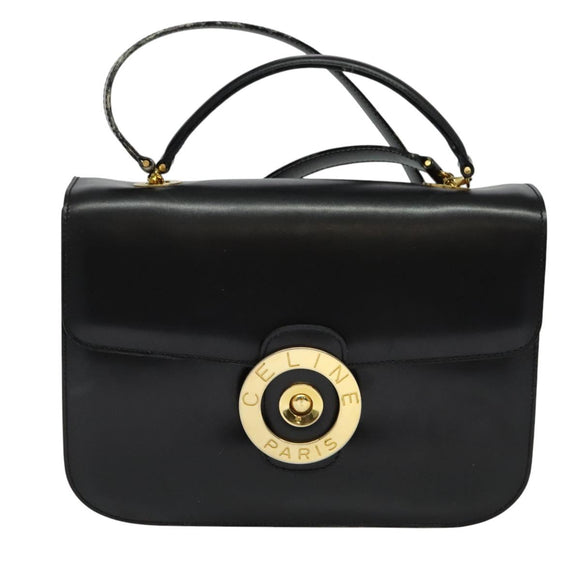 CELINE Hand Bag Leather 2way Black Gold Auth 125900
