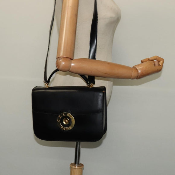 CELINE Hand Bag Leather 2way Black Gold Auth 125900