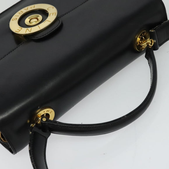 CELINE Hand Bag Leather 2way Black Gold Auth 125900