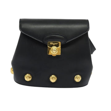 Salvatore Ferragamo Shoulder Bag Leather Navy Gold Auth 125934 - 0