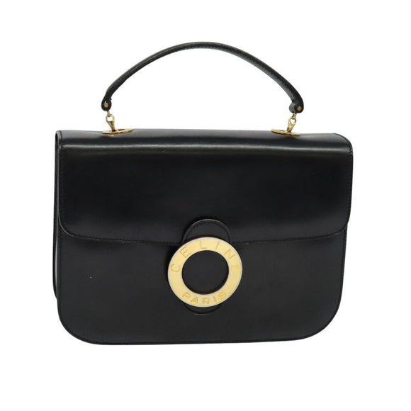 CELINE Hand Bag Leather Black Gold Auth 125958