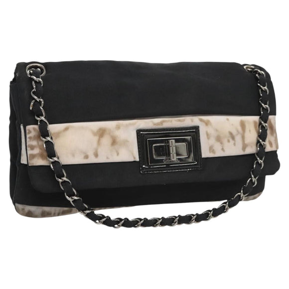 CHANEL Chain Shoulder Bag Nylon Black Silver CC Auth 125969